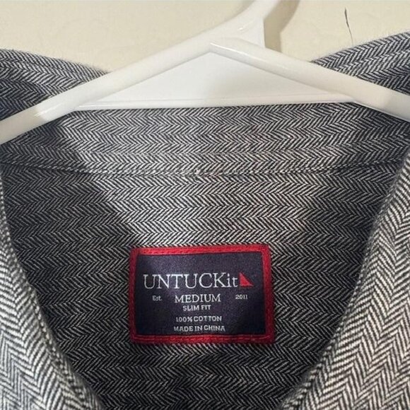 UNTUCKit Shirt Mens Medium Black Librando Slim Fit Herringbone Cotton Button Up - Picture 3 of 7